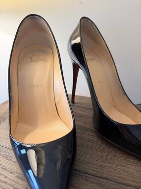 Christian Louboutin Black Patent Leather Pointed Toe Pumps with Red Soles Kate